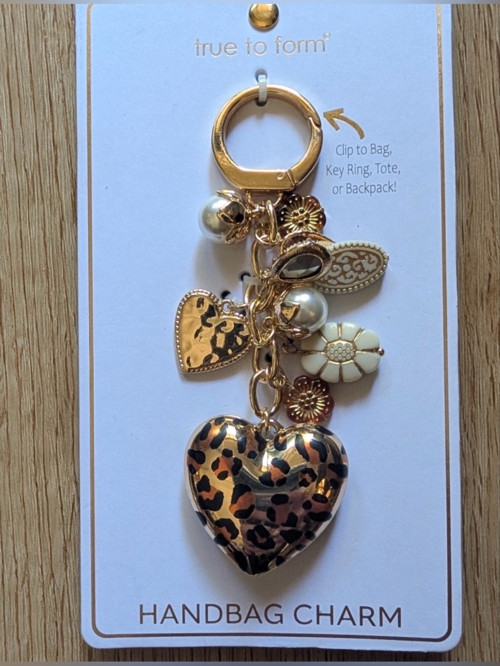 True to Form Gold & Leopard Heart Handbag Charm Keyring. NWT